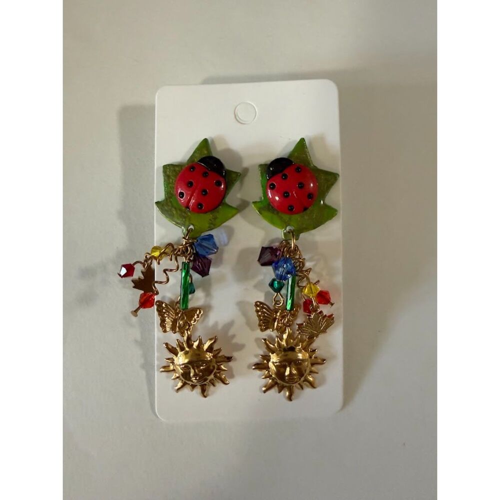 Vintage ladybug  earrings, beaded dangles, sun and butterfly charms